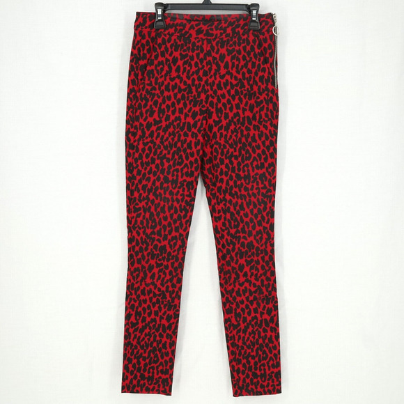 Zara Basic Pants Womens XS Red Black Animal Print Stretch Side Zip Mob Wife - Picture 1 of 12